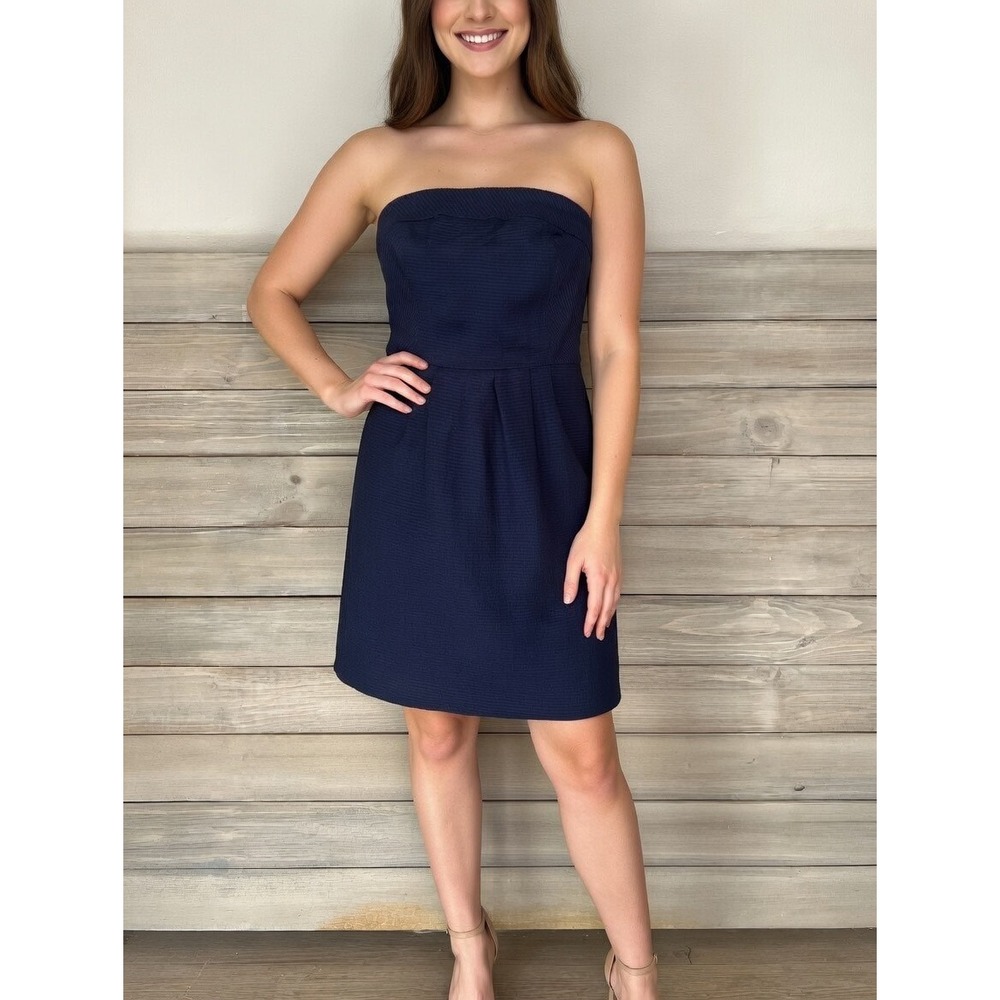 J.Crew Navy Blue Silk Cotton Ribbed Strapless Cocktail Dress Size 4 - Picture 1 of 10